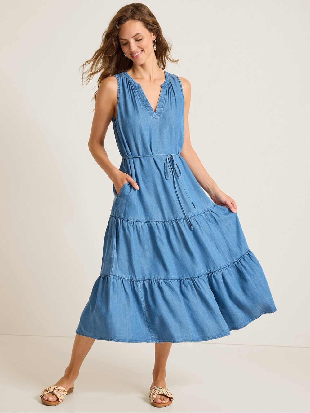Tommy Bahama Sleeveless Blue Denim Maxi Dress with Tie Waist